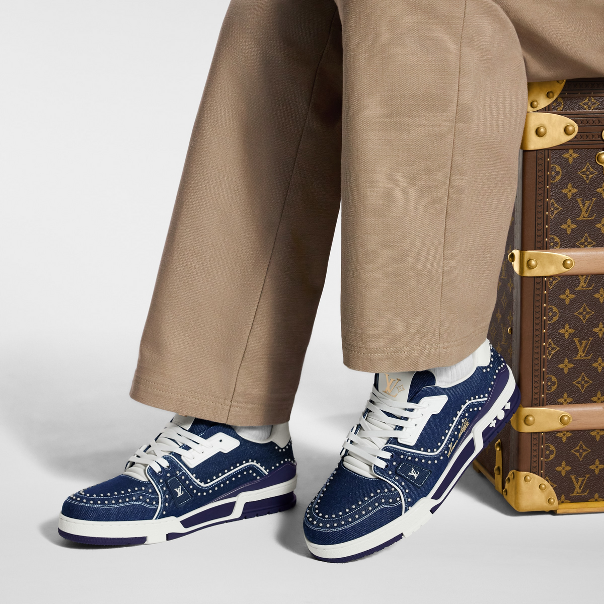 Louis Vuitton LV Trainer Indigo Blue Denim Sneakers with Swarovski™ Pearls
