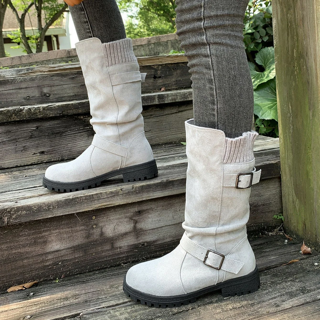 Women’s RanchWrap Buckle Mid-Calf Suede Boots – Knit Cuff Western-Style Slouchy Shoes