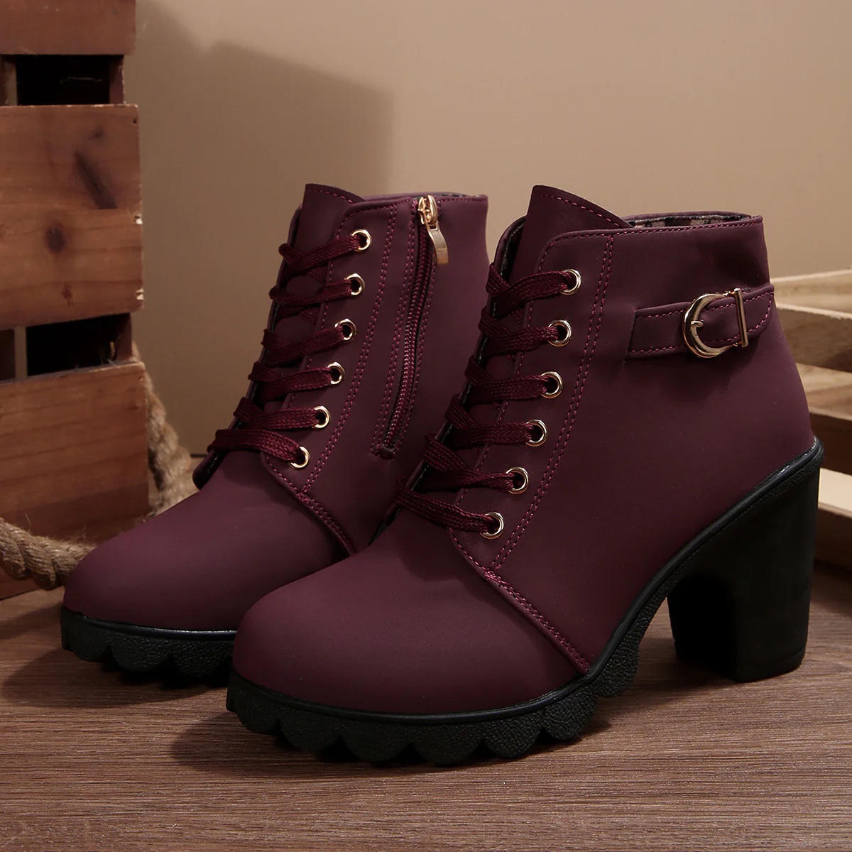 Women's Buckle Decorated Chunky Heel Ankle Boots - Side Zipper & Lace-Up Round Toe Mid-Calf Equestrian Boots